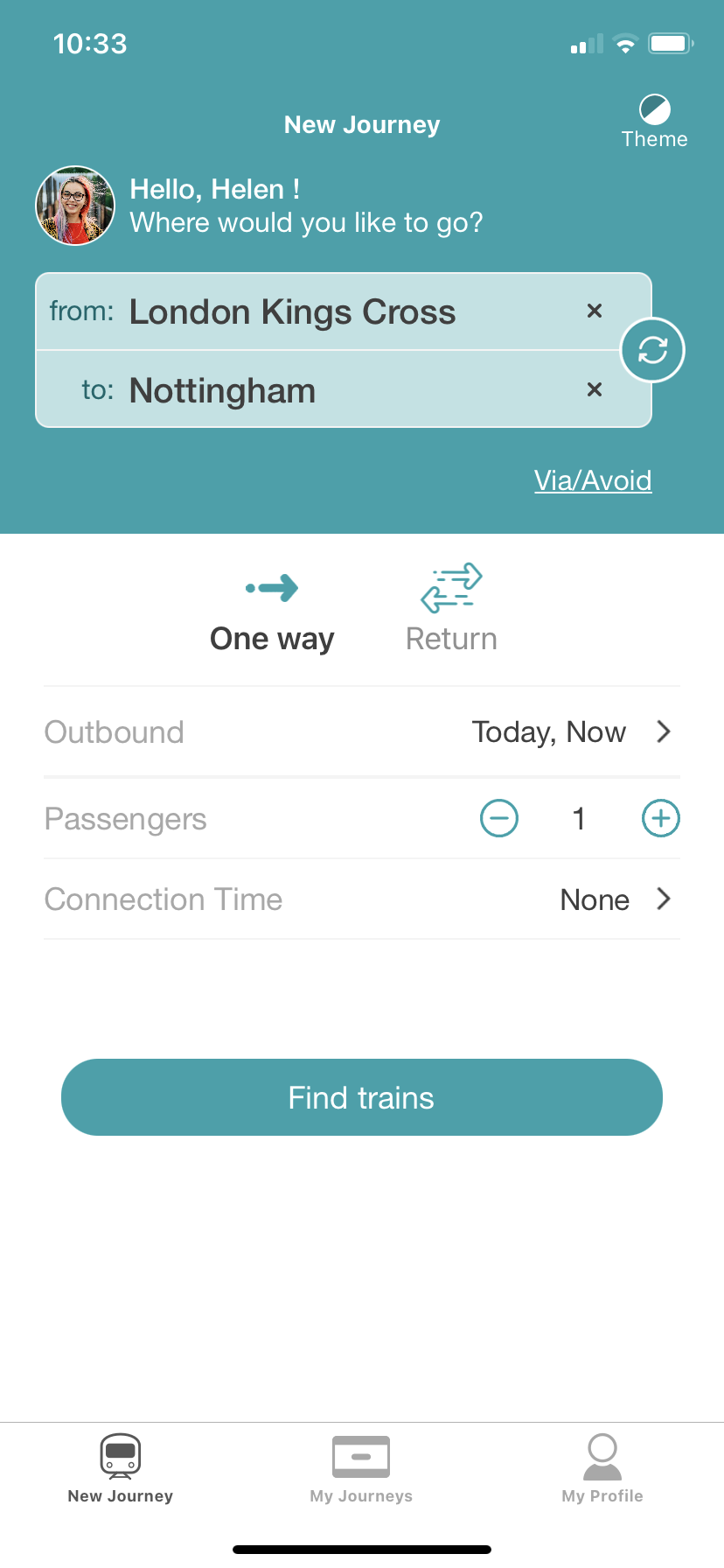 Screenshot of the Passenger Assistance app showing the New Journey tab. The welcome message at the top of the screen reads ‘Hello Helen! Where would you like to go?' Below this are ‘from and ‘to' boxes filled in with London King's Cross and Nottingham. One way has been selected and there are options to add number of and connection times as well as a 'Find Trains' button.