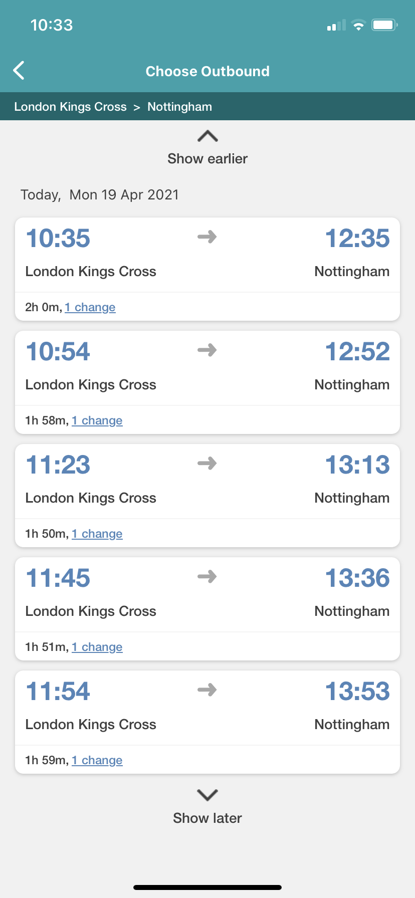 Screenshot of the Passenger Assistance app showing the 'choose outbound journey' tab. There is a list of train times from London to Nottingham.