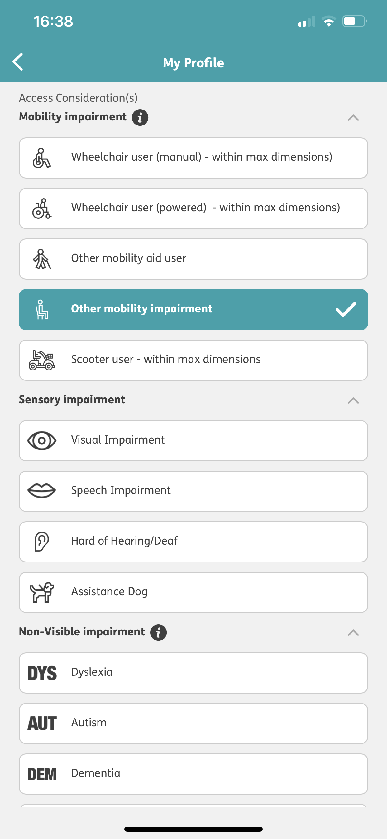 Screenshot of the Passenger Assistance app giving you a choice of access considerations including, wheelchair user (manual), wheelchair user (powered), other mobility aid user, other mobility impairment, scooter user. Sensory impairments including visual impairment, speech impairment, hard of hearing/death, assistance dog.