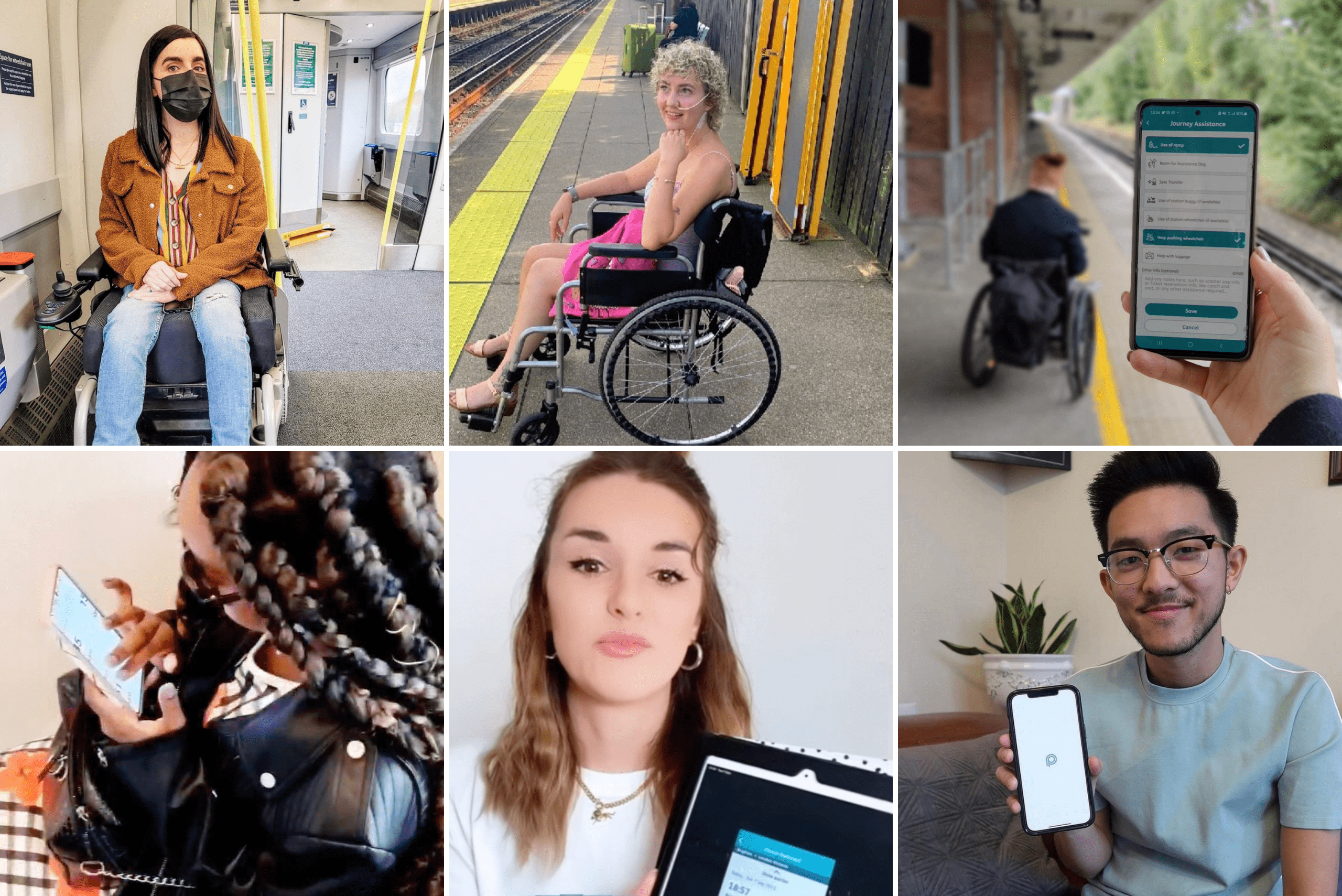 6 photo collage of different instagram influencers using the app. There are four girls and 2 men. Some of them are sitting in their wheelchairs on the train/train platform while others hold their device with the app on it.