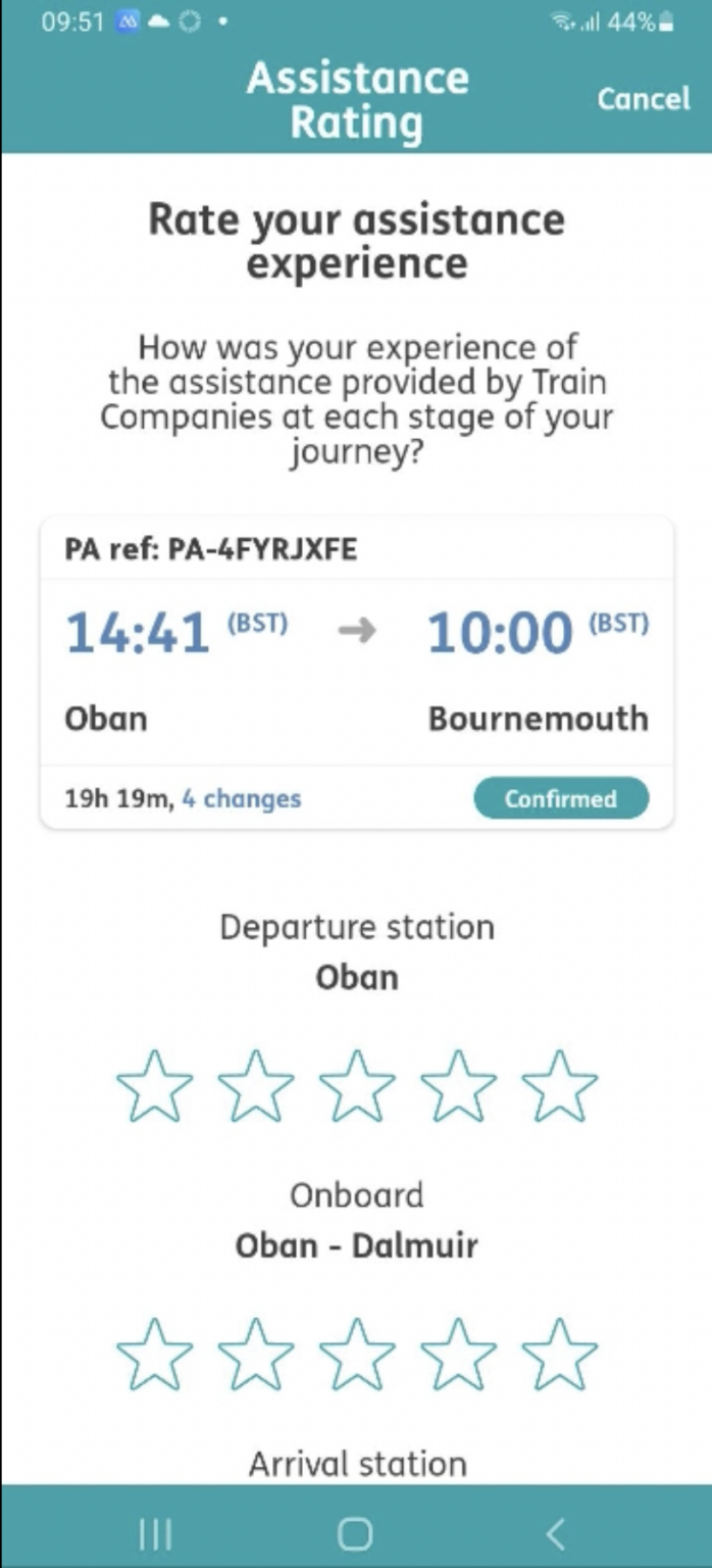 The new Passenger Assistance app feature Ratings Passenger Assistance