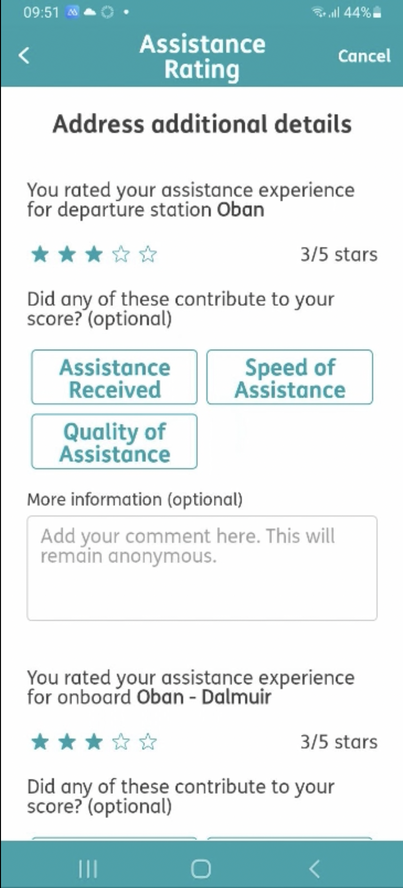 The new Passenger Assistance app feature Ratings Passenger Assistance