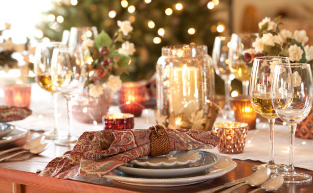 Thanksgiving or Christmas holiday elegant dining table place settings