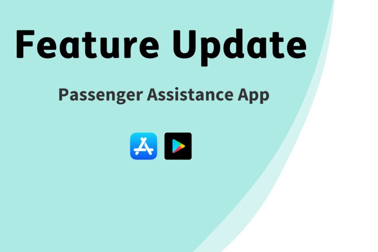 Turquoise abstract background shapes with the words feature update Passenger assistance app in the top left corner.