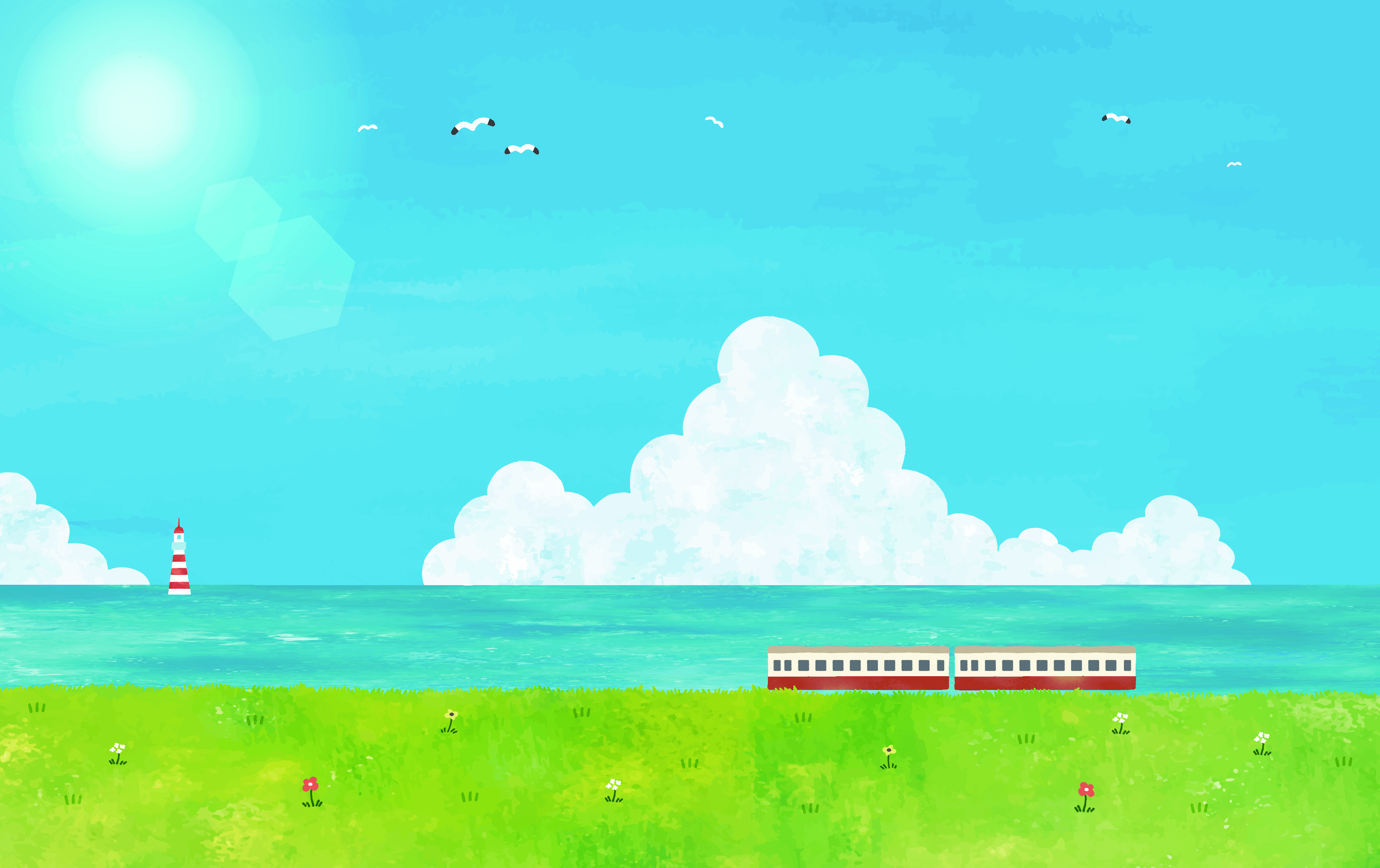 A watercolour-style illustration of a red and cream train with a beige roof and dark windows in front of a turquoise sea. The train is positioned towards the bottom right of the image on top of a section of green grass with colourful flowers which runs along the bottom of the image. The ocean behind the train is quite a small strip running parallel above the grass. In the top left of the ocean is a red and white striped lighthouse. Above the ocean two fluffy white clouds sit on the horizon line. Most of the image is then blue sky with a blurred blue sun top left and white seagulls.