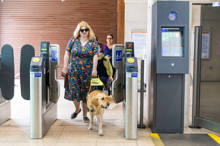 Photo of Amy, a woman with long blonde hair and a colourful dinosaur-print dress, walking through the disabled gate at the ticket barriers barriers in a train station with her guide dog Ava, a golden retriever in a working harness.
