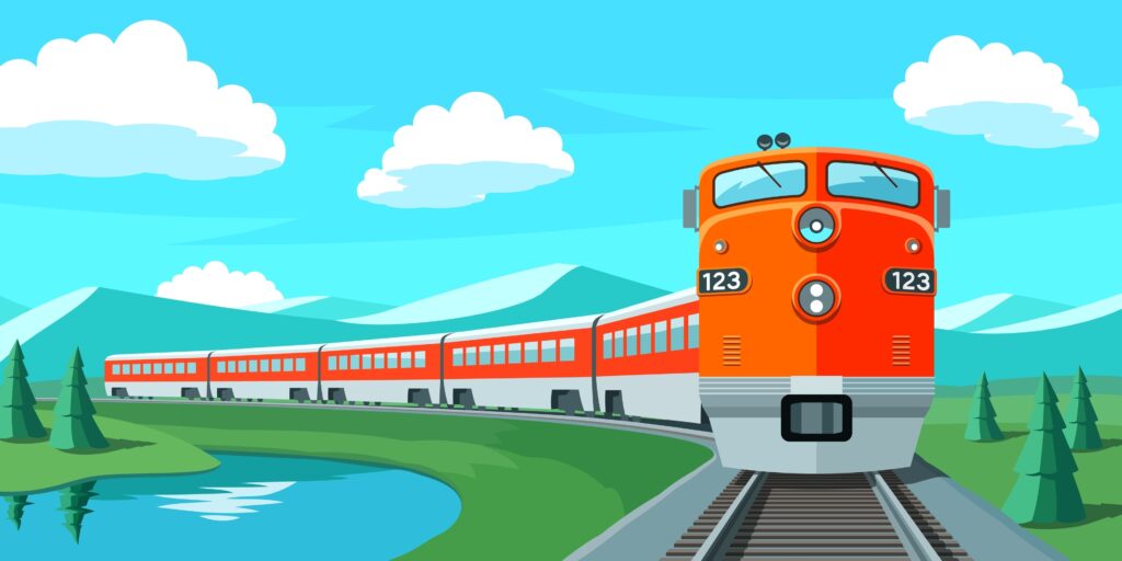 An illustration of a red and grey train traveling along a track beside green grass with trees and a bright blue river. The trees are reflected in the water and there are blue mountains with a blue sky and fluffy white clouds in the background. The train is seen from the front but its carriages curve around the track and the river to the left of the image. The image is bright and conveys a sense of warmth and a long journey.