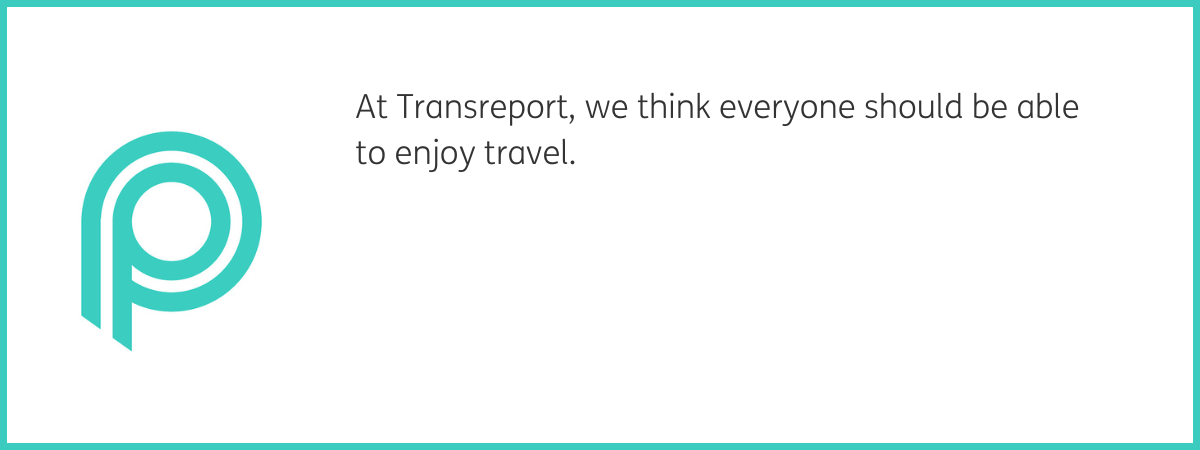 Teal P Passenger Assistance logo. Text to the right reads "At Transreport, we think everyone should be able to enjoy travel." Black text on a white background with a teal frame.