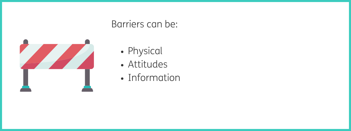 Graphic of an orange and white striped rectangular barrier. Text to the right of the graphic reads "Barriers can be: Physical, Attitudes, Information" in a bullet point list. Black text on a white background with a teal frame.