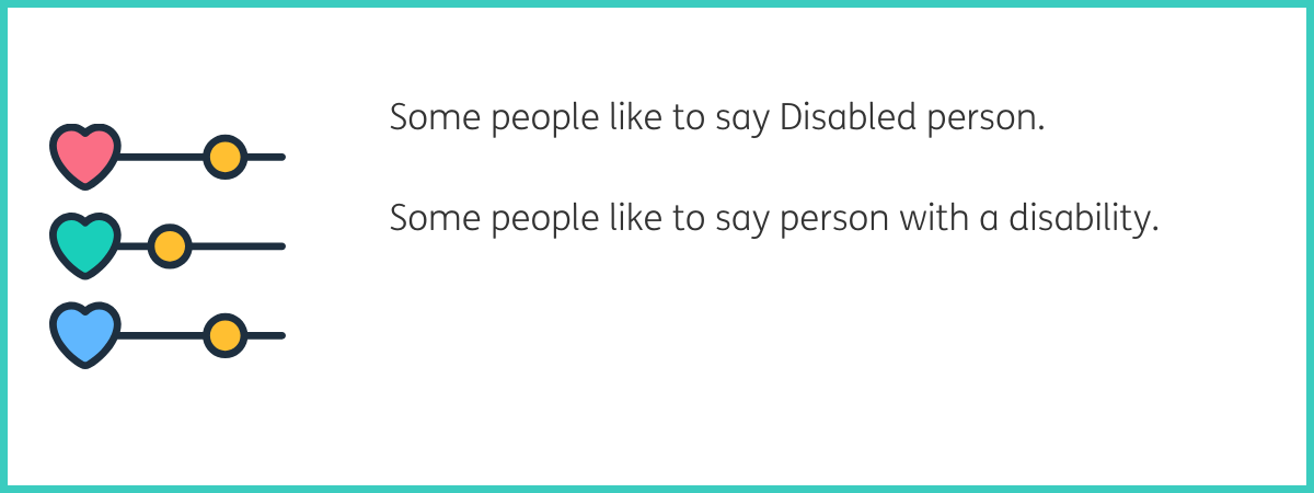 Graphic of 3 black horizontal lines, one underneath the other. Each line has a different coloured heart on the left hand side (top line has red, middle has green and bottom has blue). Each line also has a yellow circle at a different point along the line. Text to the right of the graphic reads "Some people like to say Disabled person. Some people like to say person with a disability." Black text on a white background with a teal frame.