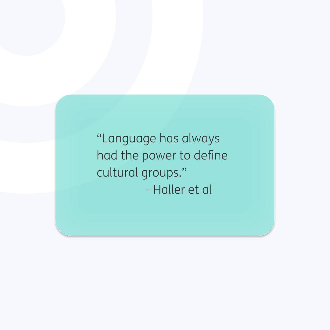 Teal textbox reads ""Language has always had the power to define cultural groups." - Haller et al" in black font. Pale grey background.