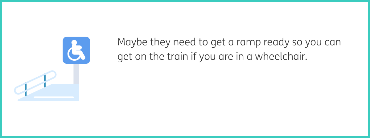 Graphic of a blue wheelchair ramp. To the right of the graphic, black text reads "Maybe they need to get a ramp ready so you can get on the train if you are in a wheelchair." White background with a teal frame.