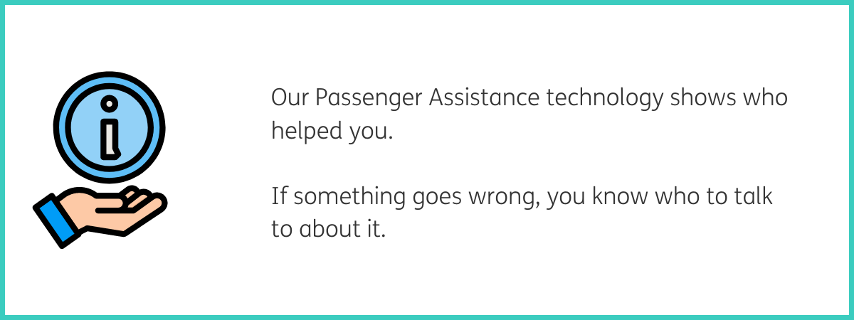 Graphic of a hand with a blue sleeve and a blue information logo floating above it, a blue circle with a white "i" inside. To the right of the graphic, black text reads "Our Passenger Assistance technology shows who helped you. If something goes wrong, you know who to talk to about it." White background with a teal frame.