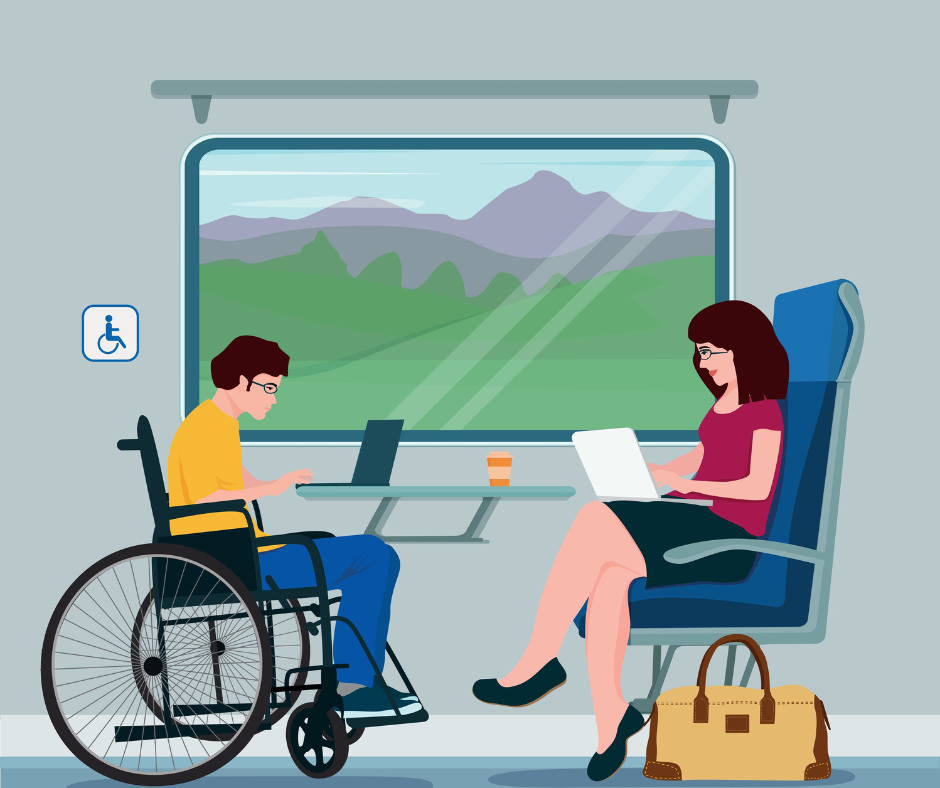 Illustration of two people at a table on a train, with a scene of green hills, trees and grey mountains outside the window behind them. The man is a wheelchair user and is working at a laptop, wearing a yellow t-shirt and blue trousers. The woman is working at a laptop wearing a red t-shirt, black skirt, with a yellow and brown luggage bag by her seat.