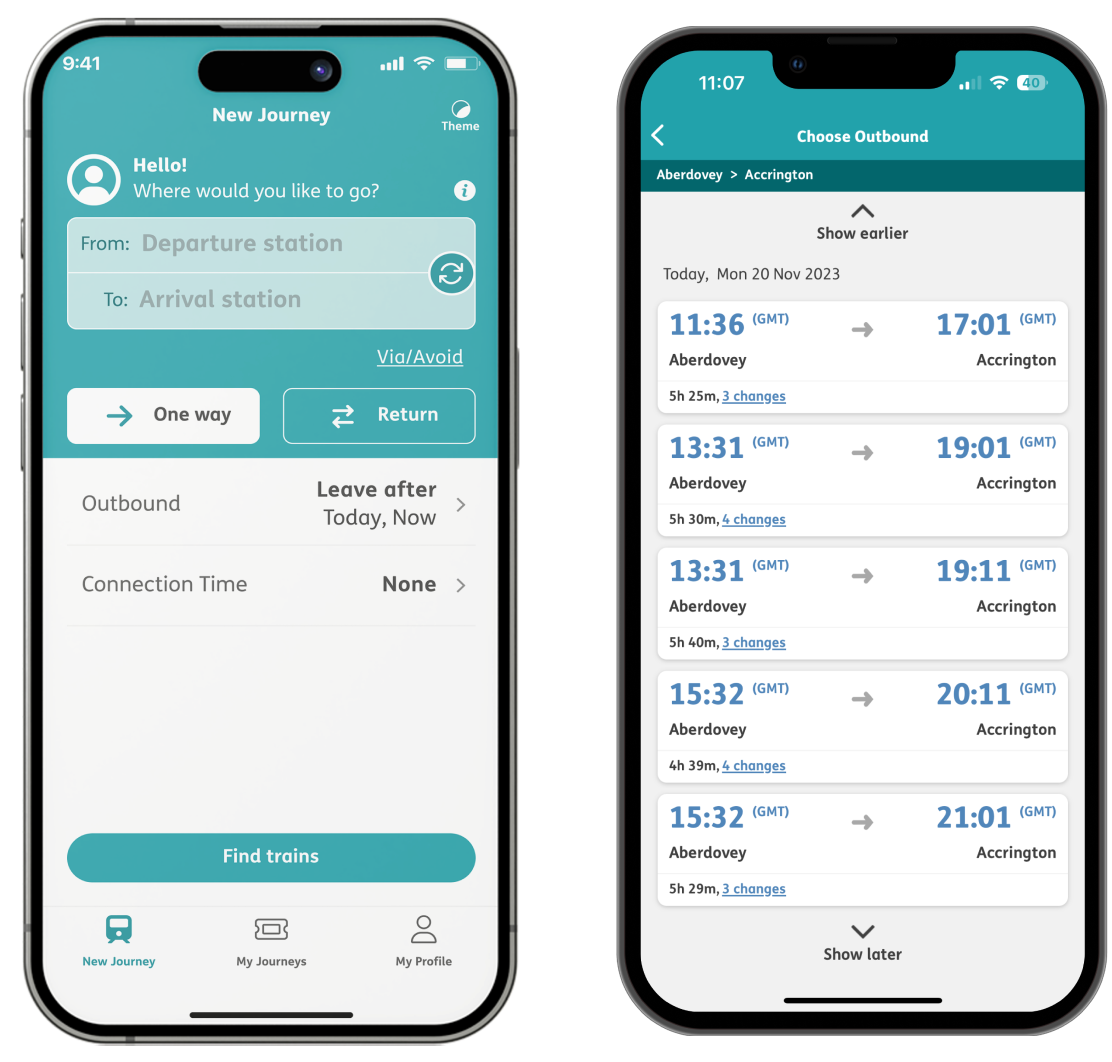 Passenger Assistance App screens showing New Journey and Choose Outbound interfaces
