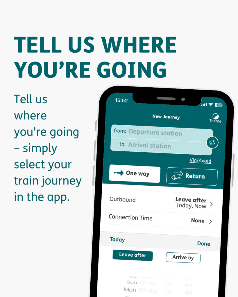 Tell us where you’re going "tell us where you're going" in all caps. "Tell us where you're going - simple select your train journey in the app" with an image of the "new journey" page in the app.