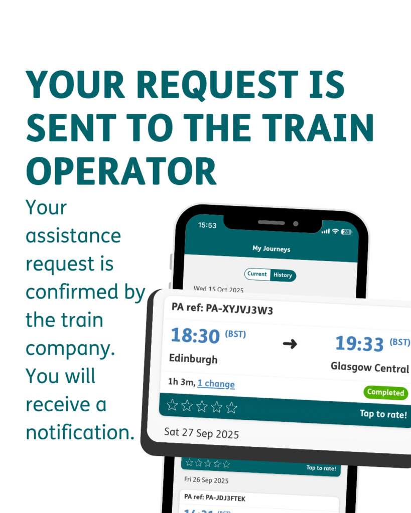 Your request is sent to the train operator "Your request is sent to the train operator" written in capital letters. "Your assistance request is confirmed by the train company. You will receive a notification