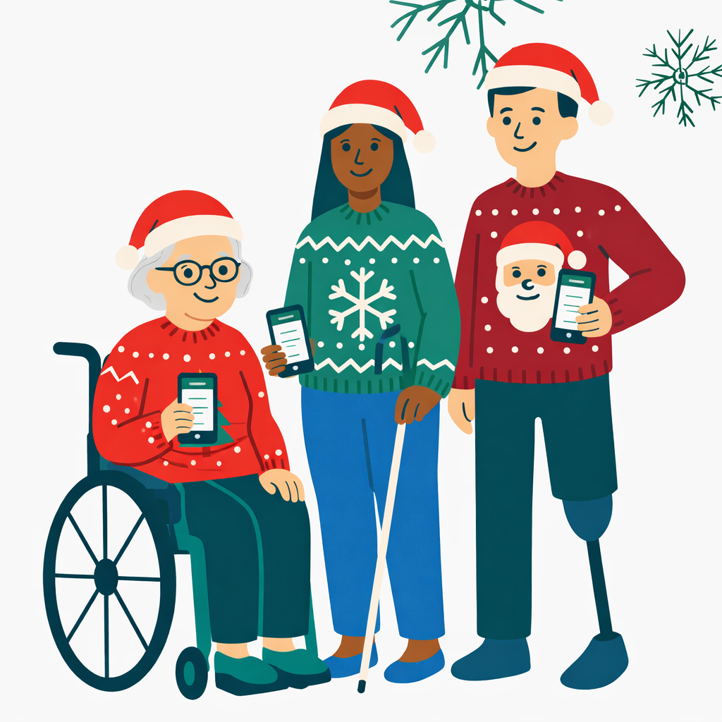 An illustration showing people with assistance and accessibility needs wearing Christmas jumpers and holding phones displaying the Passenger Assistance app.