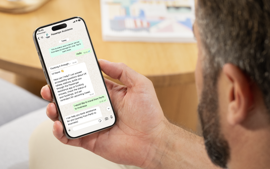 A person using Ask PA on WhatsApp to manage a Passenger Assistance request.