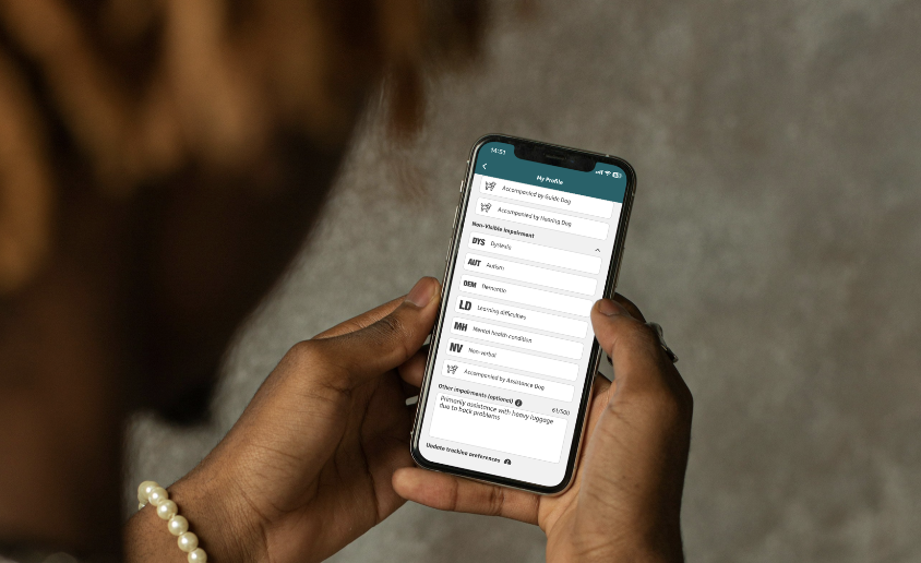 A Passenger Assistance app screen showing how to set up your profile and share access considerations.
