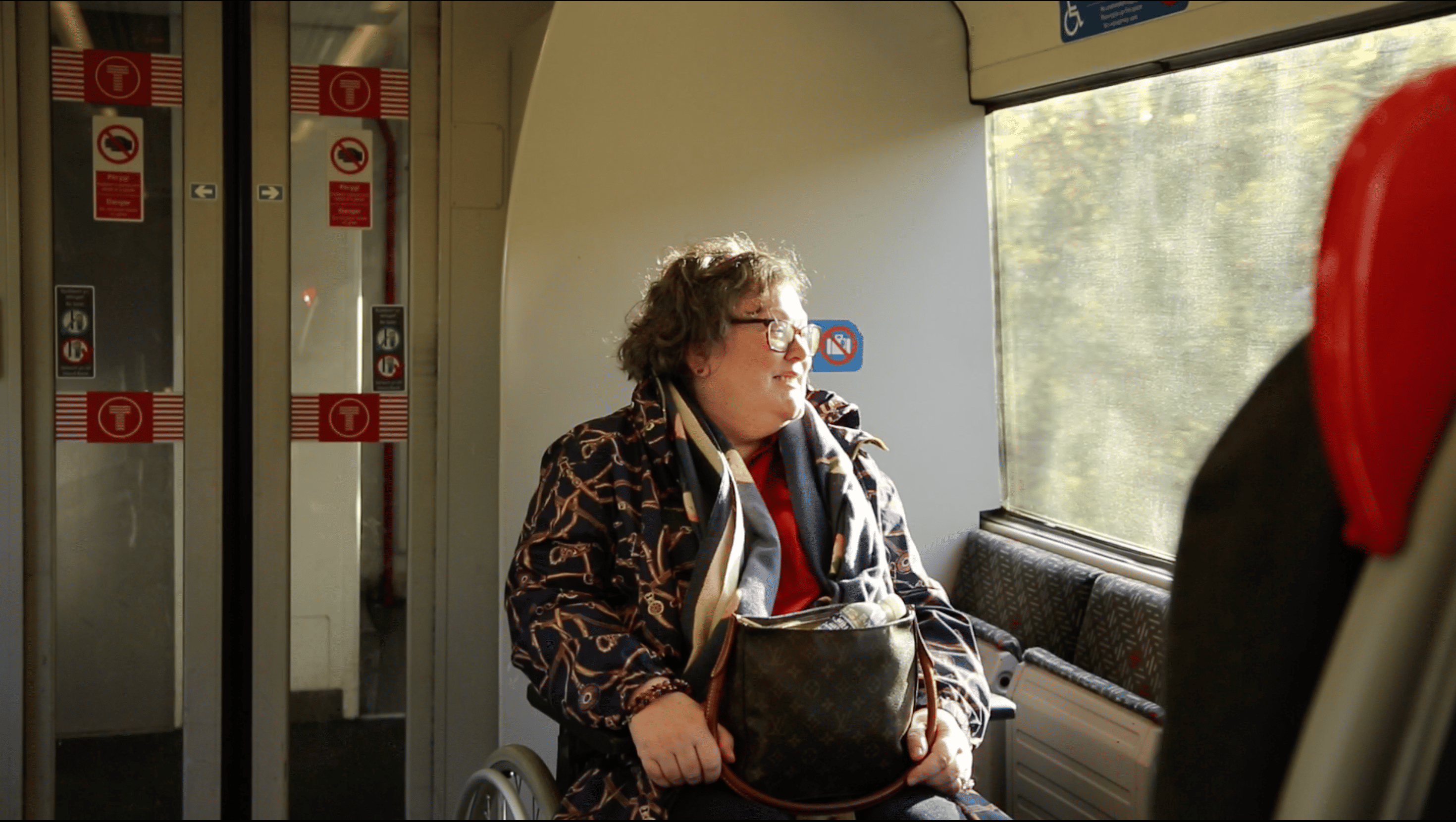 Ronnie looking out the window in the priority space on the train.