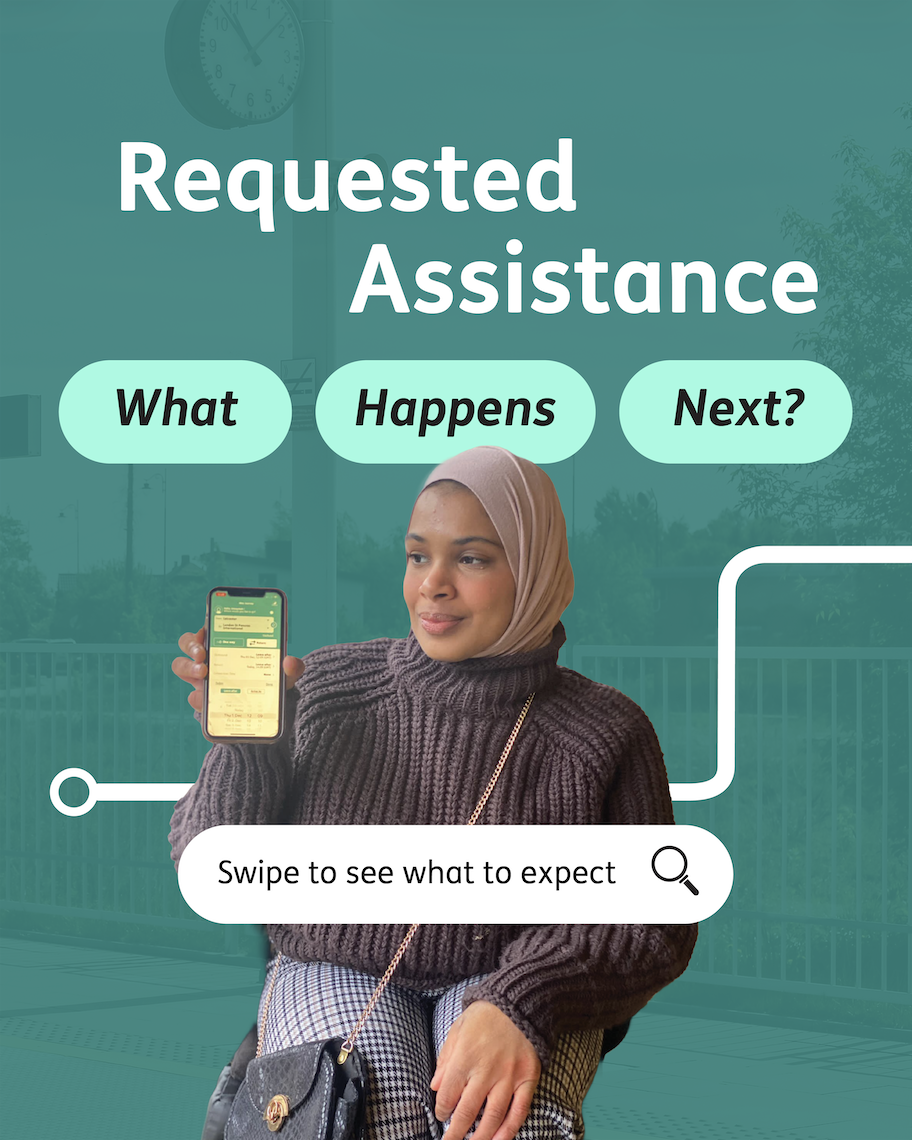 A wheelchair user holding a phone displaying the Passenger Assistance app.