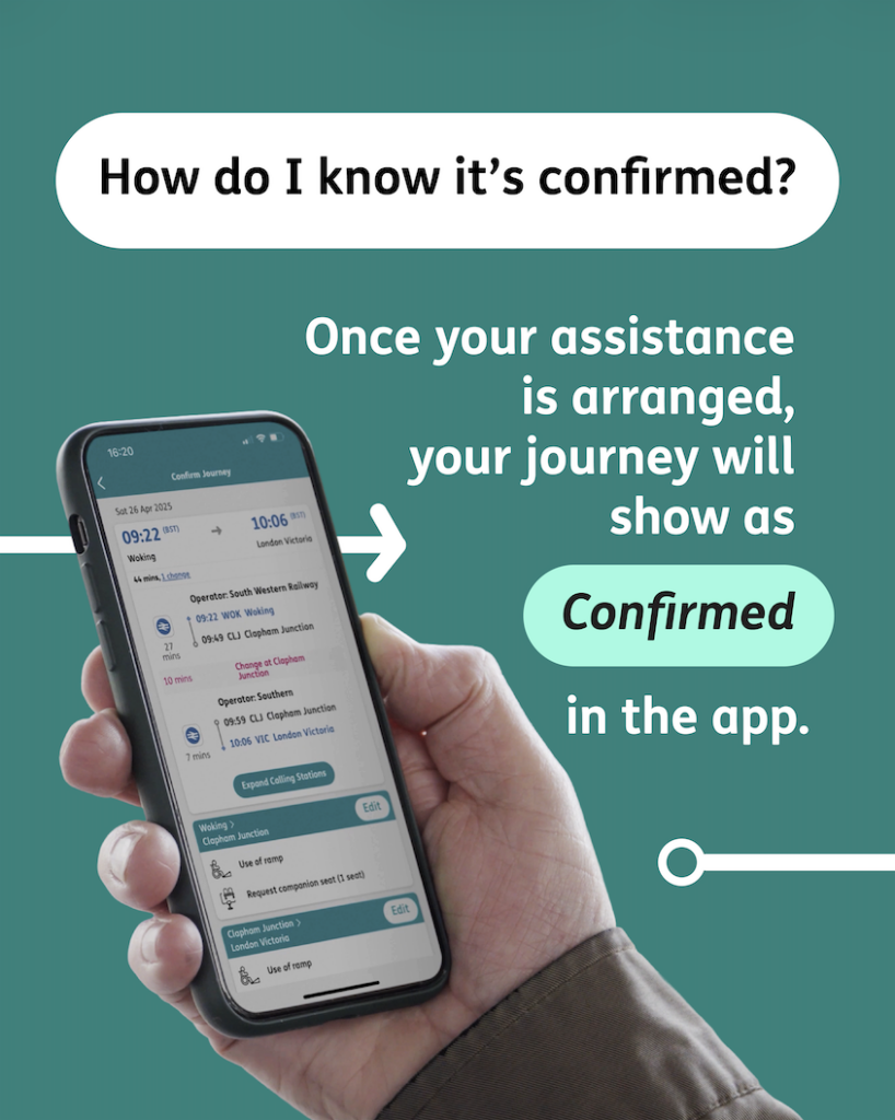 A hand holding a phone displaying journey confirmation in the Passenger Assistance app.