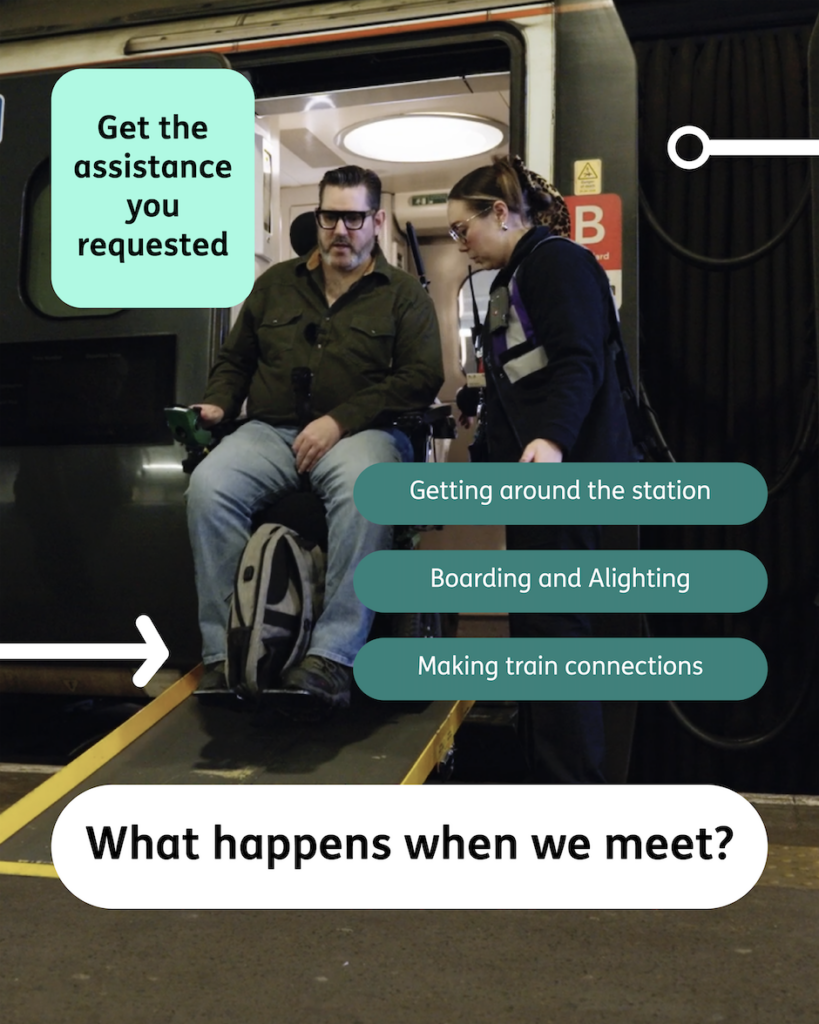 A wheelchair user leaving the train via a boarding ramp, with support from station staff.