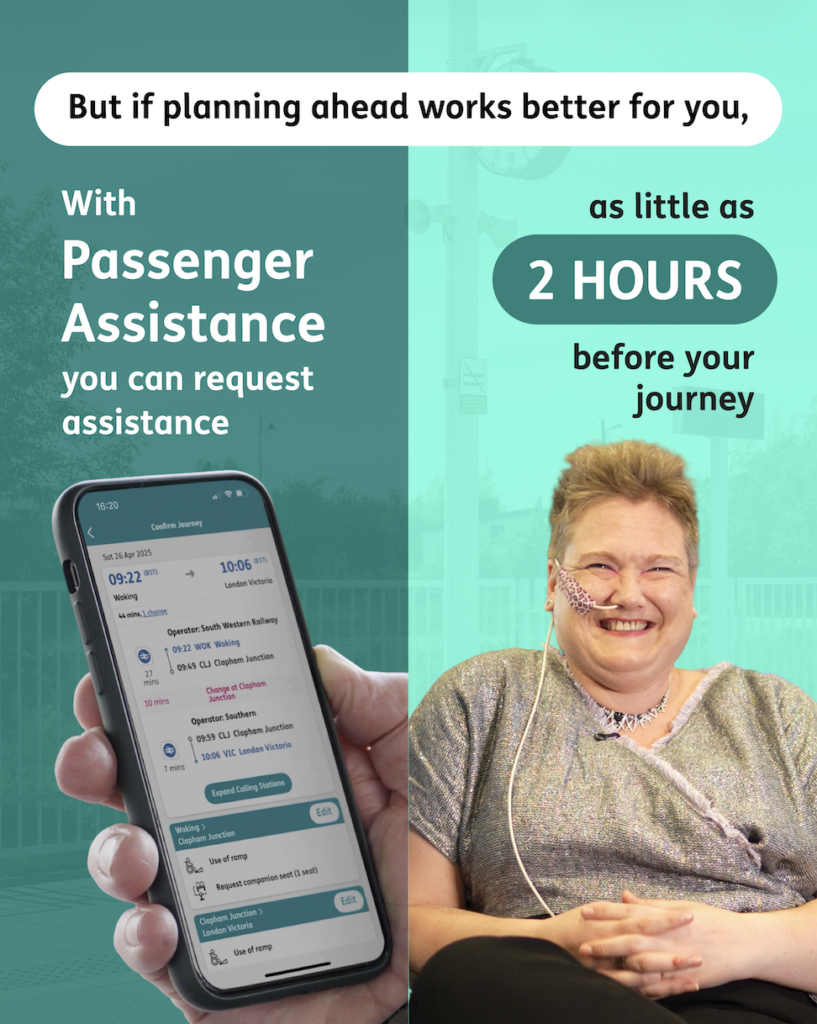 The image is split into two sections. The section on the right shows a hand holding a phone displaying the confirm journey on the Passenger Assistance app. The section on the right shows a female wheelchair user smiling and looking forward. 