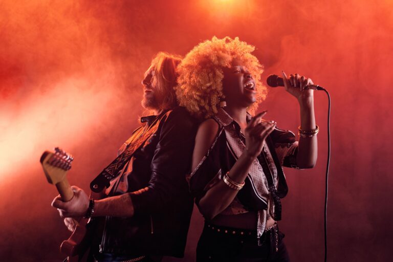 Musicians performing on stage at a festival